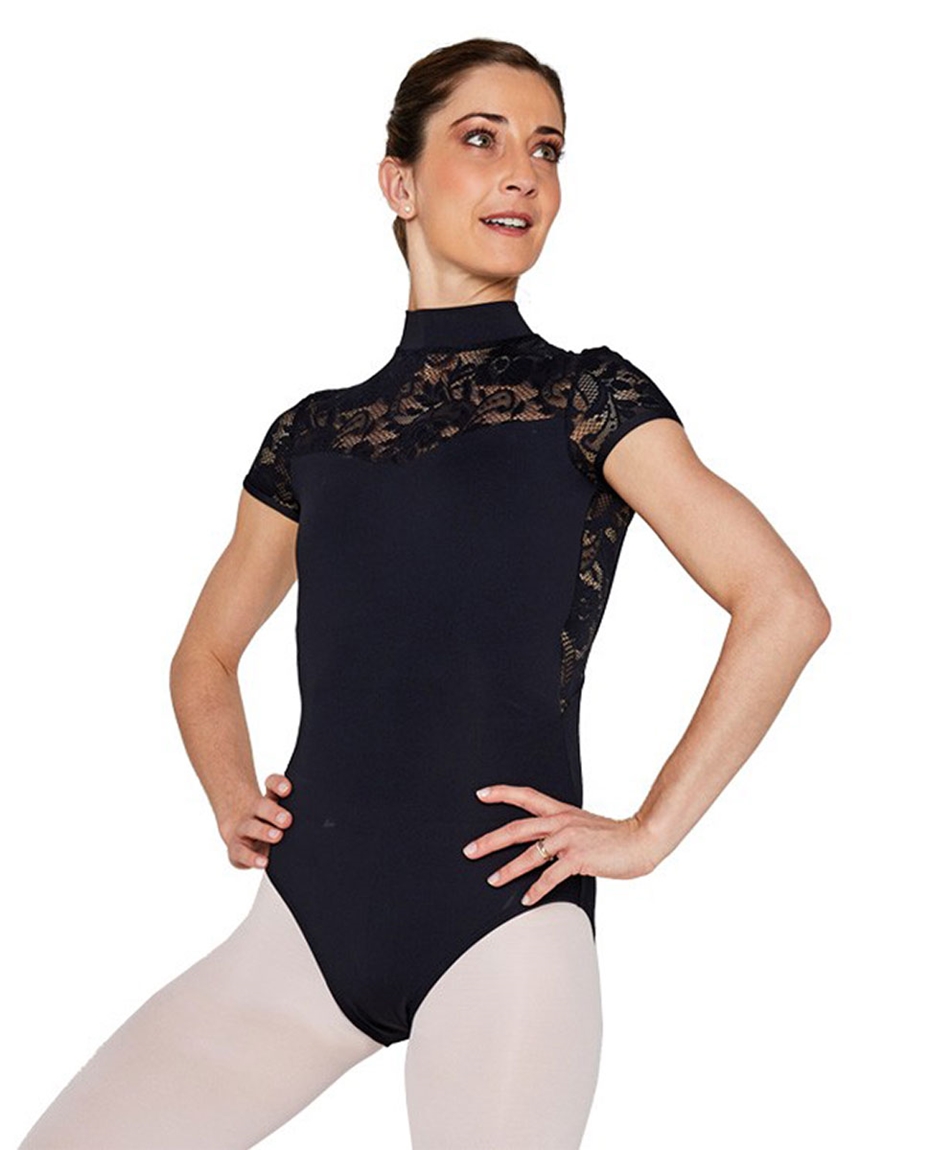 Women Short Sleeve High Neck Lace Dance Leotard