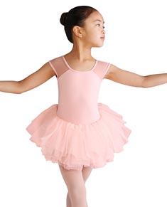 Girls Embroidered Mesh Bow Back Cap Sleeve Tutu Leotard 